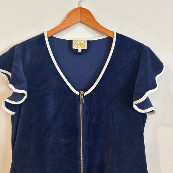 SSYS Get Ready Robe Navy Velvet Robe White Scallop Trim size M - Picture 4 of 9